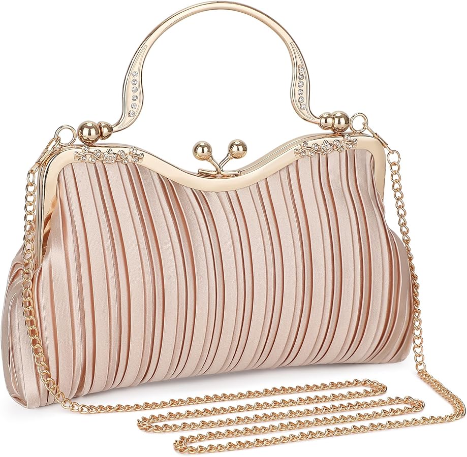Elegant Satin Evening Clutch Bag – Women's Pleated Handbag with Chain Strap